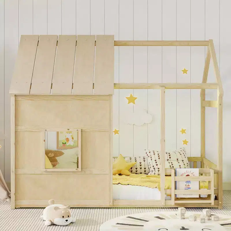 Estructura de Cama Baja con Forma de Casa, Techo, Valla y Estantería, Tamaño Individual