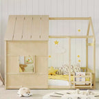 Estructura de Cama Baja con Forma de Casa, Techo, Valla y Estantería, Tamaño Individual