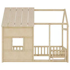 Estructura de Cama Baja con Forma de Casa, Techo, Valla y Estantería, Tamaño Individual