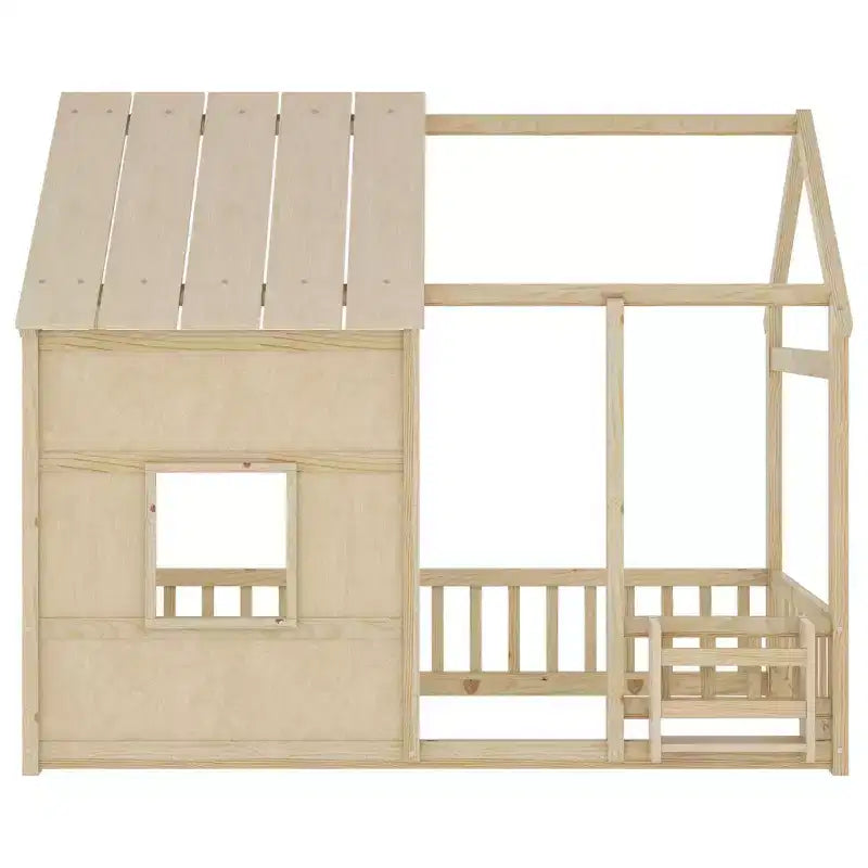 Estructura de Cama Baja con Forma de Casa, Techo, Valla y Estantería, Tamaño Individual