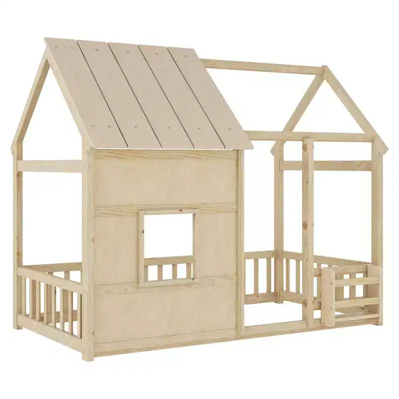 Estructura de Cama Baja con Forma de Casa, Techo, Valla y Estantería, Tamaño Individual