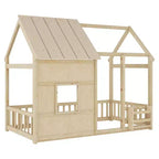 Estructura de Cama Baja con Forma de Casa, Techo, Valla y Estantería, Tamaño Individual