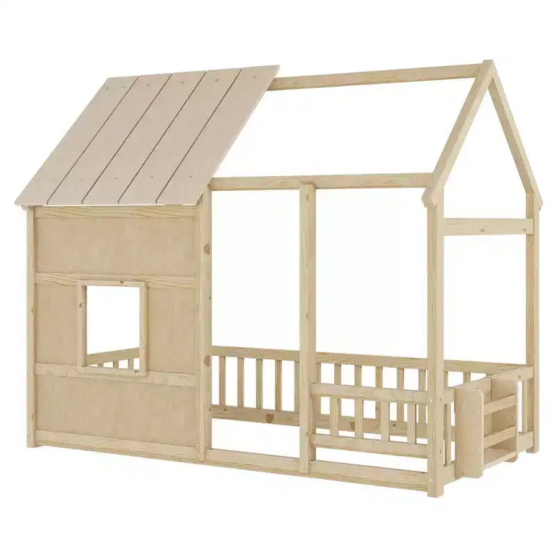 Estructura de Cama Baja con Forma de Casa, Techo, Valla y Estantería, Tamaño Individual
