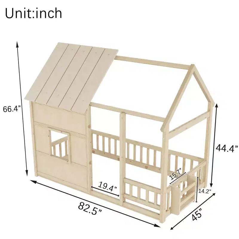 Estructura de Cama Baja con Forma de Casa, Techo, Valla y Estantería, Tamaño Individual