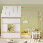 Estructura de Cama Baja con Forma de Casa, Techo, Valla y Estantería, Tamaño Individual