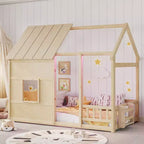 Whisen Twin Size House Floor Bed Frame, House-Shaped Bed with Roof, Fence