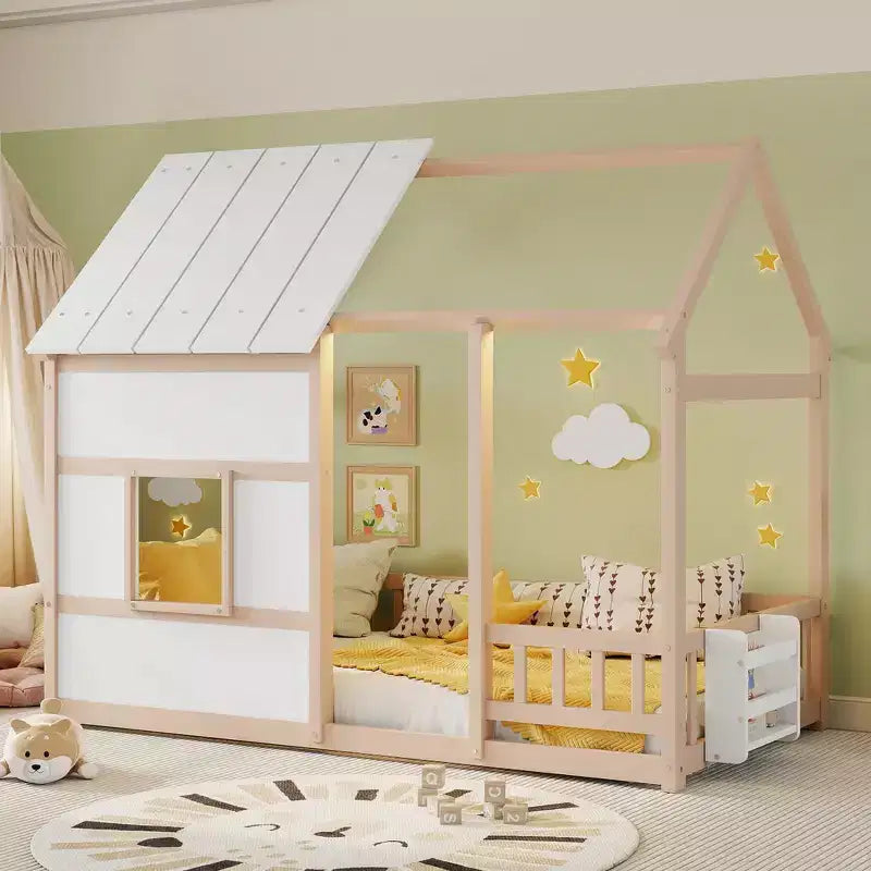 Estructura de Cama Baja con Forma de Casa, Techo, Valla y Estantería, Tamaño Individual