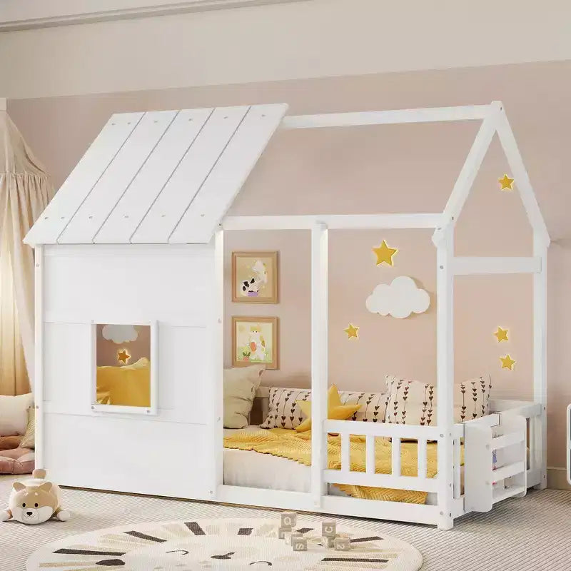 Estructura de Cama Baja con Forma de Casa, Techo, Valla y Estantería, Tamaño Individual