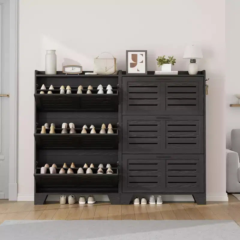 Zapatero con 3 Cajones Abatibles, Organizador de Zapatos Independiente para Entrada con 2 Ganchos Laterales, Mueble Zapatero Estrecho y Discreto