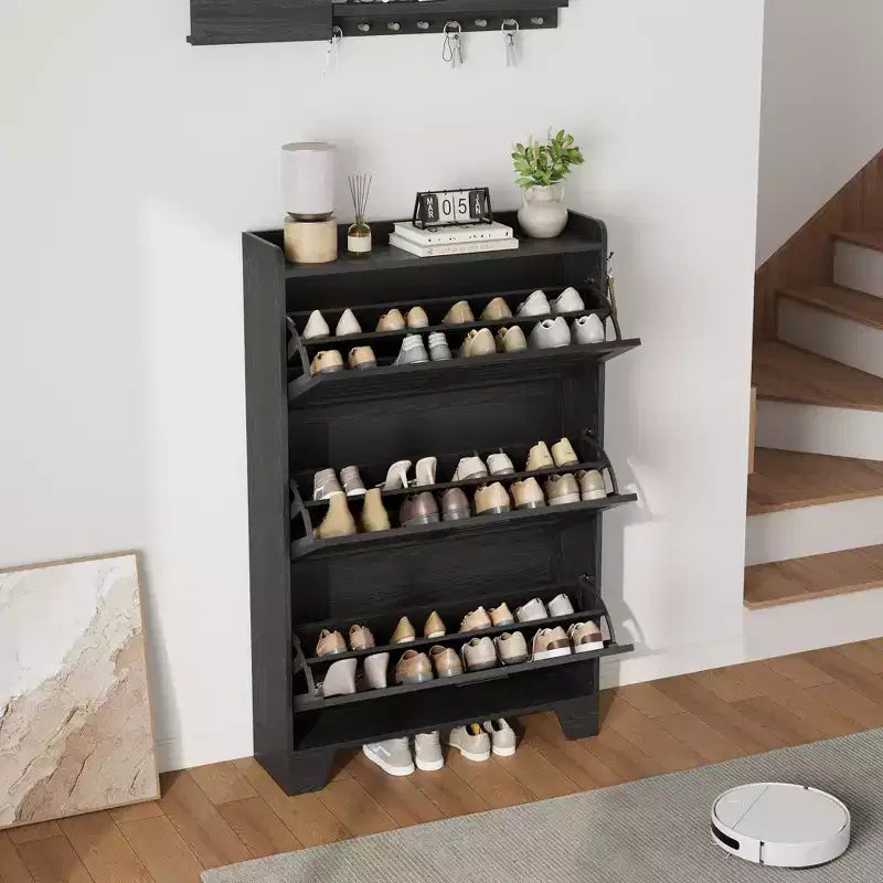 Zapatero con 3 Cajones Abatibles, Organizador de Zapatos Independiente para Entrada con 2 Ganchos Laterales, Mueble Zapatero Estrecho y Discreto