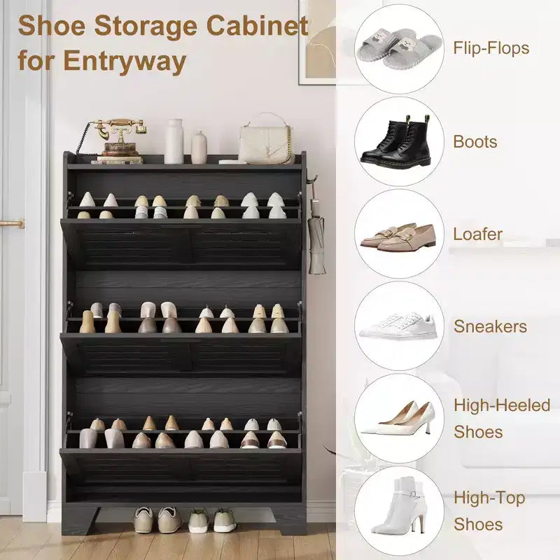 Zapatero con 3 Cajones Abatibles, Organizador de Zapatos Independiente para Entrada con 2 Ganchos Laterales, Mueble Zapatero Estrecho y Discreto