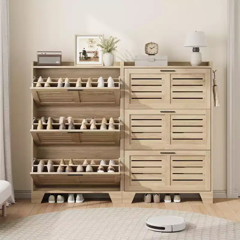 Zapatero con 3 Cajones Abatibles, Organizador de Zapatos Independiente para Entrada con 2 Ganchos Laterales, Mueble Zapatero Estrecho y Discreto