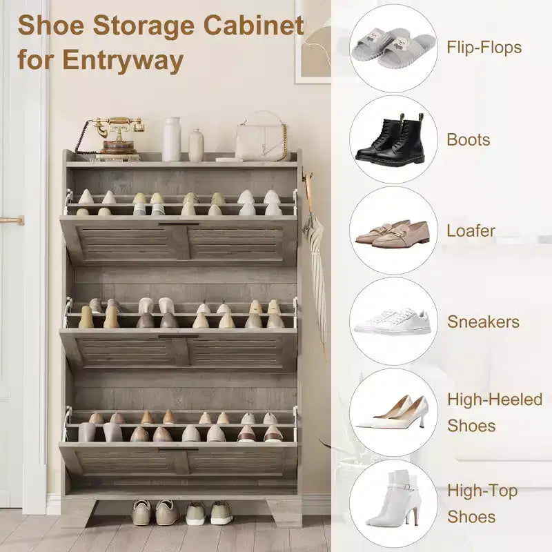 Zapatero con 3 Cajones Abatibles, Organizador de Zapatos Independiente para Entrada con 2 Ganchos Laterales, Mueble Zapatero Estrecho y Discreto