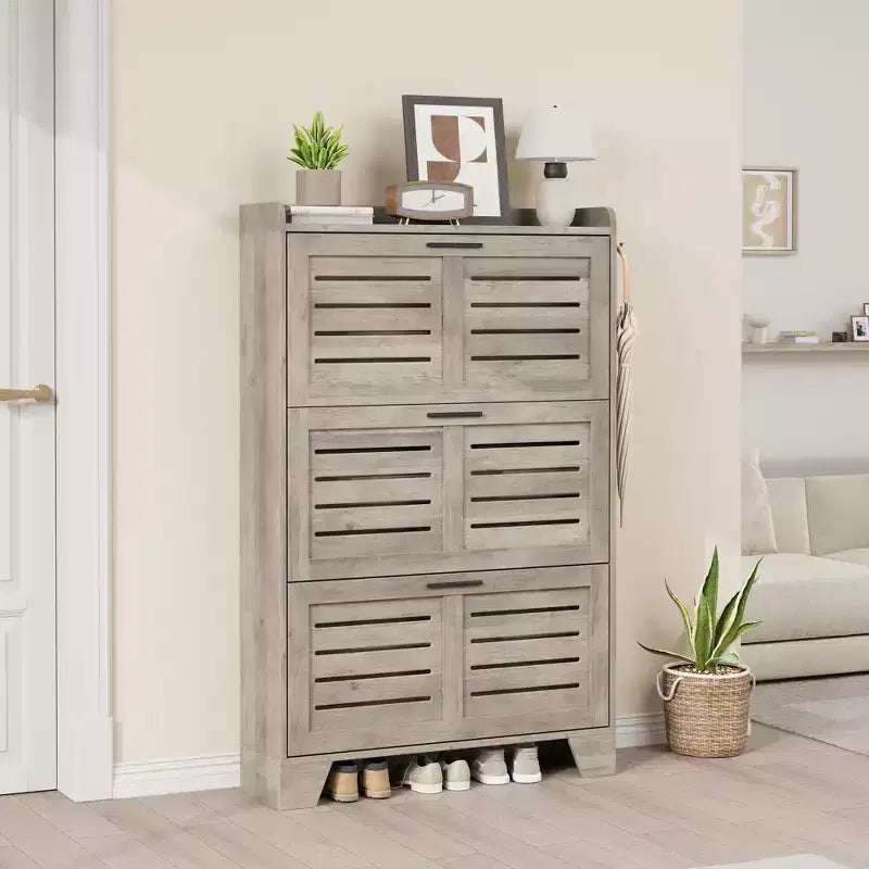 Zapatero con 3 Cajones Abatibles, Organizador de Zapatos Independiente para Entrada con 2 Ganchos Laterales, Mueble Zapatero Estrecho y Discreto