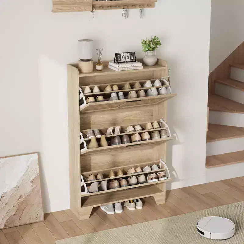 Zapatero con 3 Cajones Abatibles, Organizador de Zapatos Independiente para Entrada con 2 Ganchos Laterales, Mueble Zapatero Estrecho y Discreto