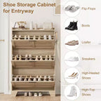 Zapatero con 3 Cajones Abatibles, Organizador de Zapatos Independiente para Entrada con 2 Ganchos Laterales, Mueble Zapatero Estrecho y Discreto