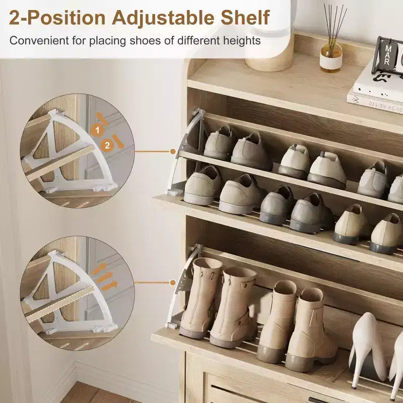Zapatero con 3 Cajones Abatibles, Organizador de Zapatos Independiente para Entrada con 2 Ganchos Laterales, Mueble Zapatero Estrecho y Discreto