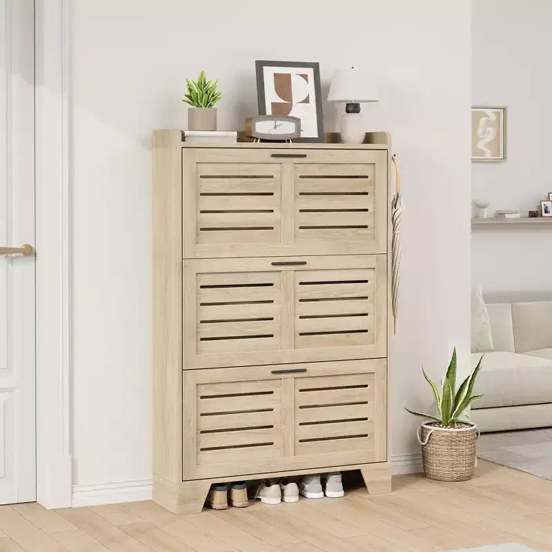 Zapatero con 3 Cajones Abatibles, Organizador de Zapatos Independiente para Entrada con 2 Ganchos Laterales, Mueble Zapatero Estrecho y Discreto