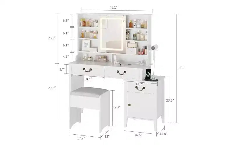 Tocador blanco con espejo deslizante y taburete - Mesa de tocador retráctil con soporte para secador de pelo, cajones y armario de almacenamiento