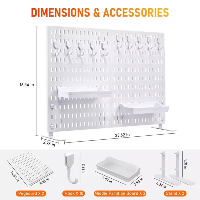 Organizador de tablero perforado de mesa con 10 ganchos, 2 bandejas, sin perforaciones, independiente, portátil, de plástico, para oficina, hogar, dormitorio, apartamento