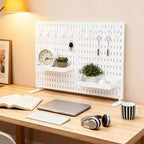 Organizador de tablero perforado de mesa con 10 ganchos, 2 bandejas, sin perforaciones, independiente, portátil, de plástico, para oficina, hogar, dormitorio, apartamento