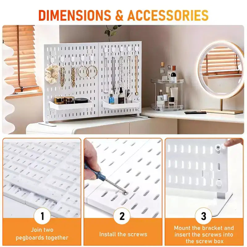 Organizador de tablero perforado de mesa con 10 ganchos, 2 bandejas, sin perforaciones, independiente, portátil, de plástico, para oficina, hogar, dormitorio, apartamento