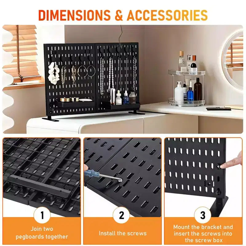 Organizador de tablero perforado de mesa con 10 ganchos, 2 bandejas, sin perforaciones, independiente, portátil, de plástico, para oficina, hogar, dormitorio, apartamento