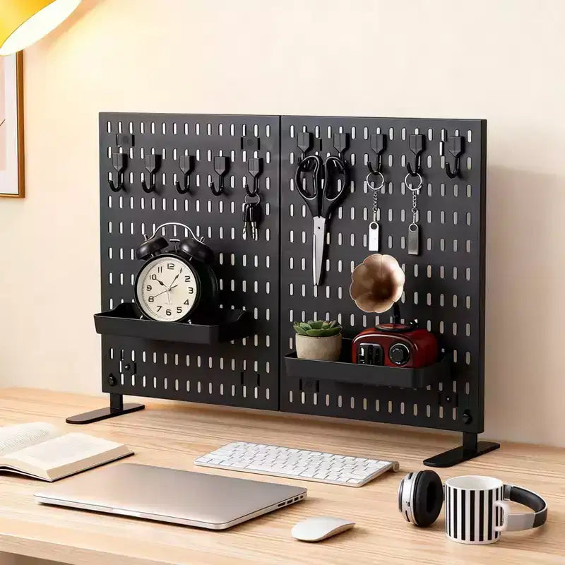 Organizador de tablero perforado de mesa con 10 ganchos, 2 bandejas, sin perforaciones, independiente, portátil, de plástico, para oficina, hogar, dormitorio, apartamento
