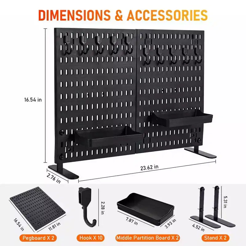 Organizador de tablero perforado de mesa con 10 ganchos, 2 bandejas, sin perforaciones, independiente, portátil, de plástico, para oficina, hogar, dormitorio, apartamento