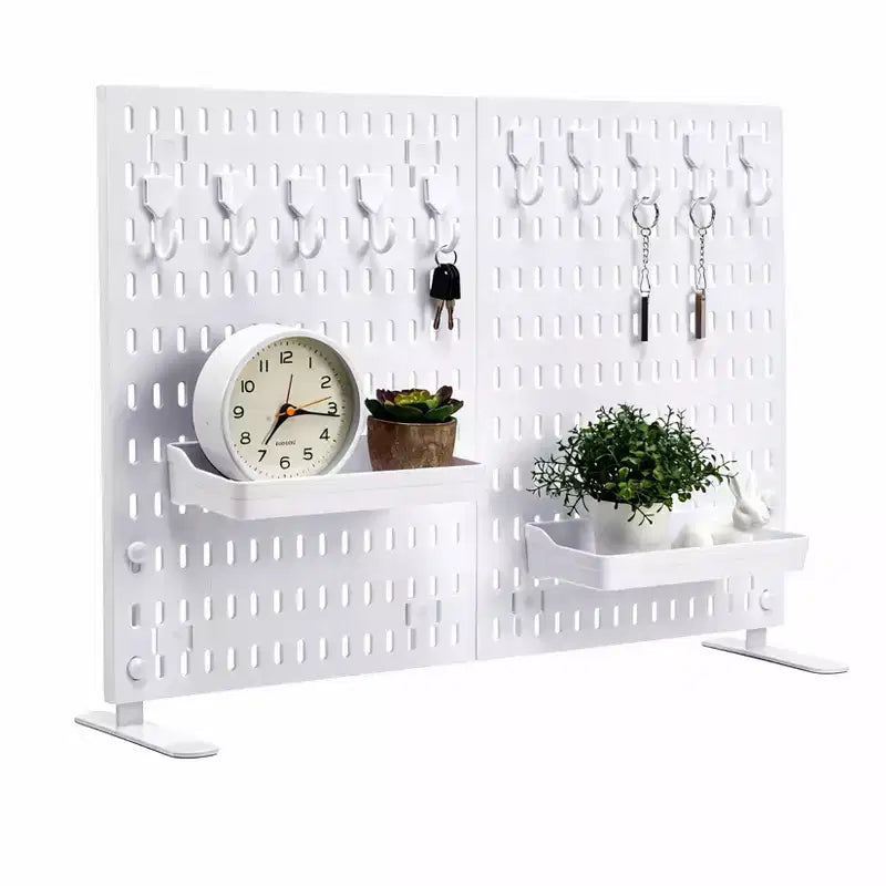 Organizador de tablero perforado de mesa con 10 ganchos, 2 bandejas, sin perforaciones, independiente, portátil, de plástico, para oficina, hogar, dormitorio, apartamento