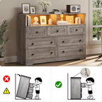 Cómoda de 7 cajones con luces LED y estación de carga, organizador de almacenamiento de madera gris