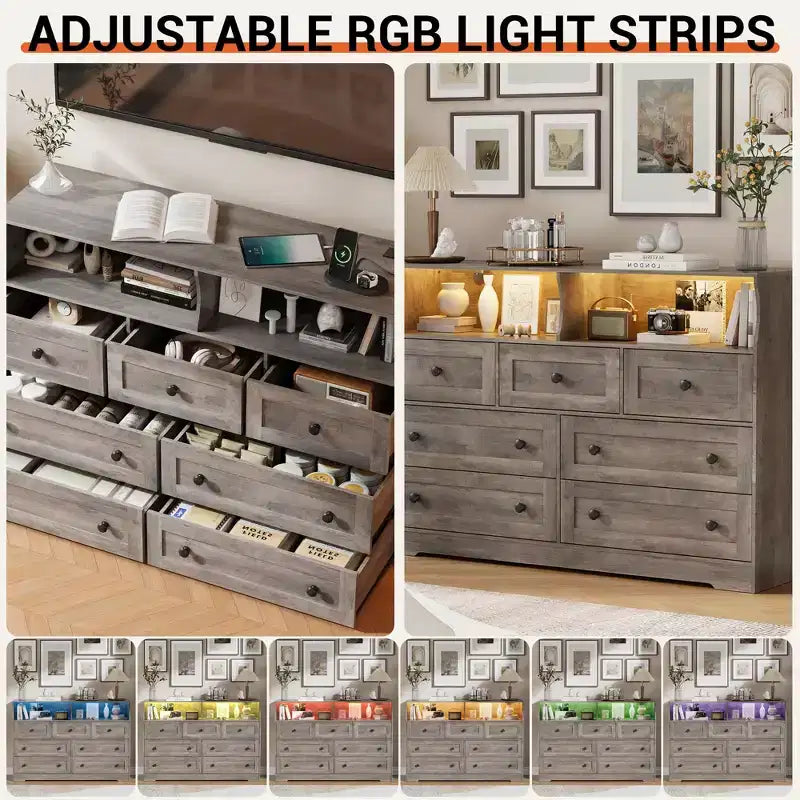 Cómoda de 7 cajones con luces LED y estación de carga, organizador de almacenamiento de madera gris