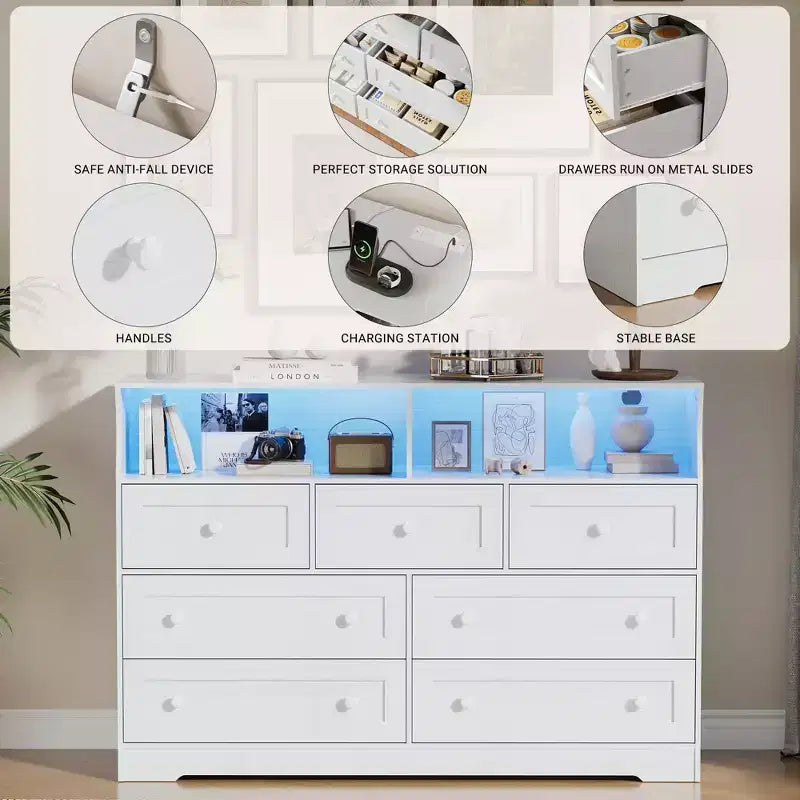 Cómoda de 7 cajones con luces LED y estación de carga, organizador de almacenamiento de madera gris