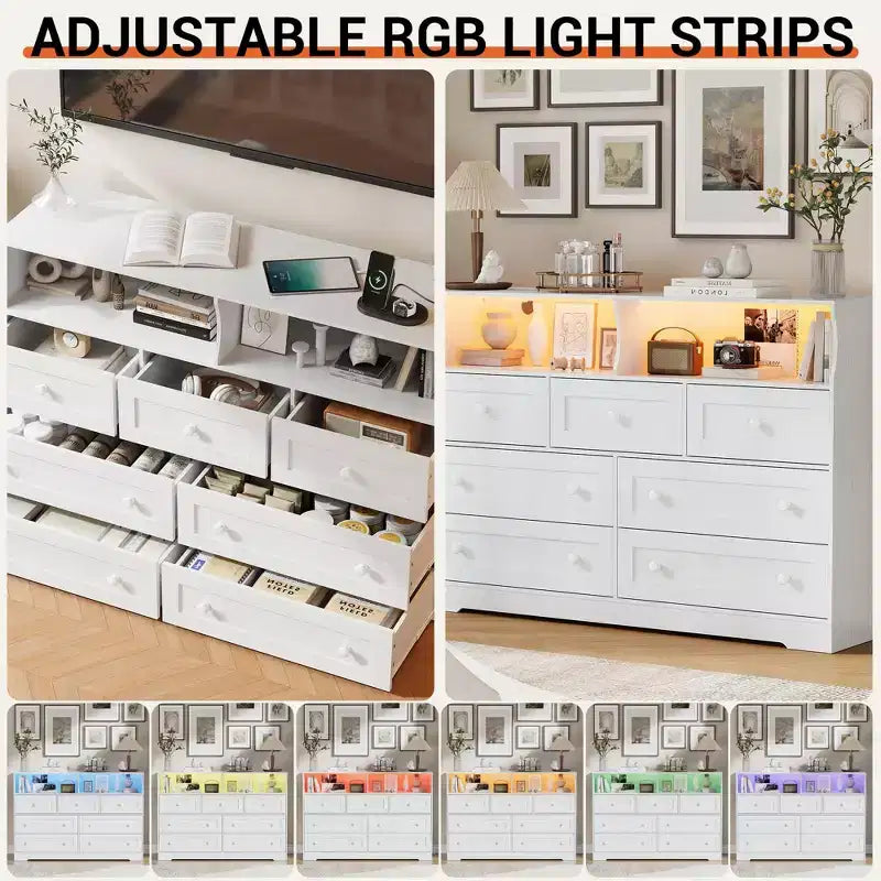 Cómoda de 7 cajones con luces LED y estación de carga, organizador de almacenamiento de madera gris