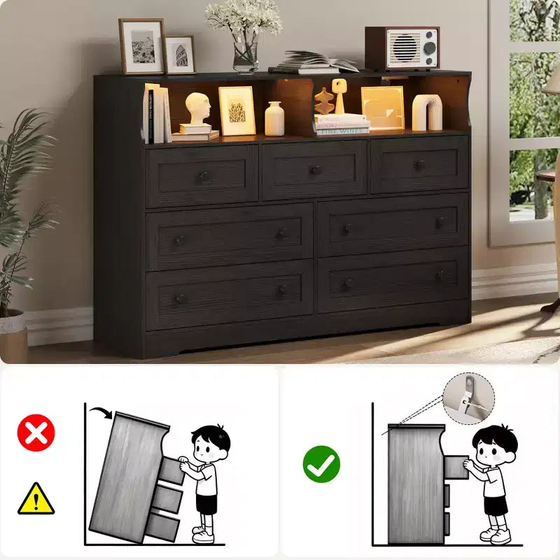 Cómoda de 7 cajones con luces LED y estación de carga, organizador de almacenamiento de madera gris