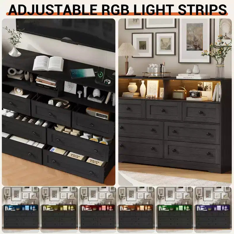 Cómoda de 7 cajones con luces LED y estación de carga, organizador de almacenamiento de madera gris