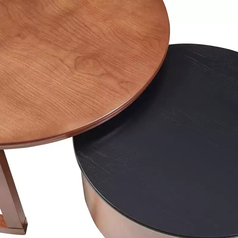 Juego de 2 mesas de centro nido redondas vintage, cajón estriado, negro y nogal, 31,5"