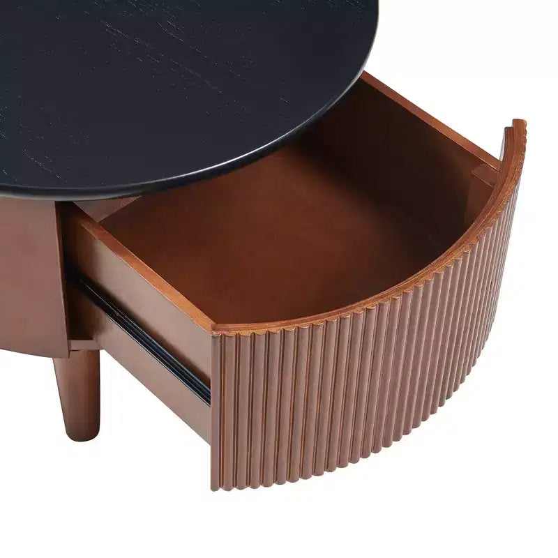 Juego de 2 mesas de centro nido redondas vintage, cajón estriado, negro y nogal, 31,5"