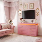 Mueble de TV moderno con 6 cajones y luces LED, barra de café con encimera flotante para centro de entretenimiento de sala de estar