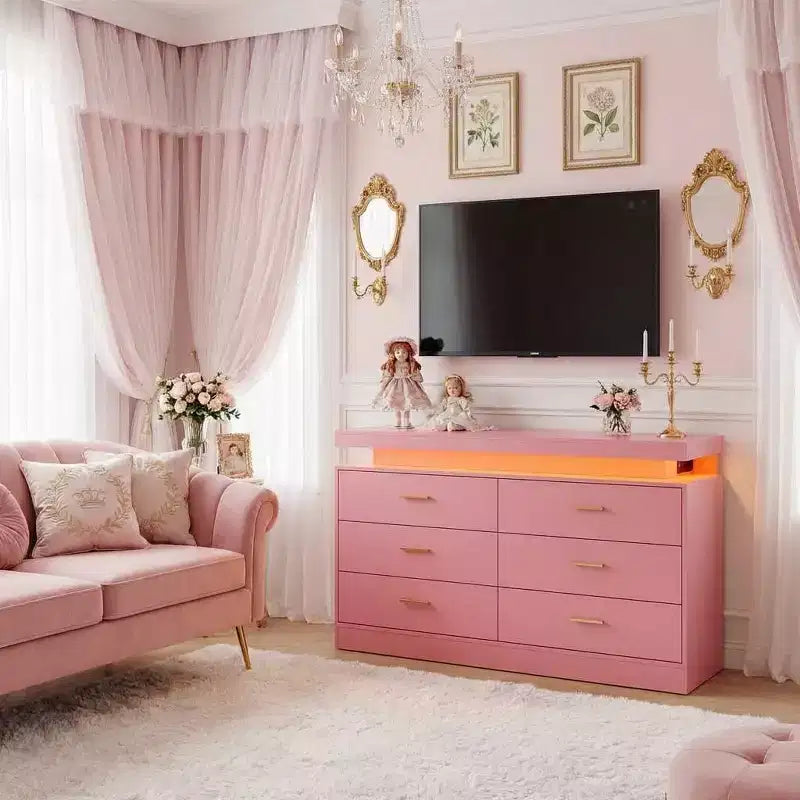 Mueble de TV moderno con 6 cajones y luces LED, barra de café con encimera flotante para centro de entretenimiento de sala de estar