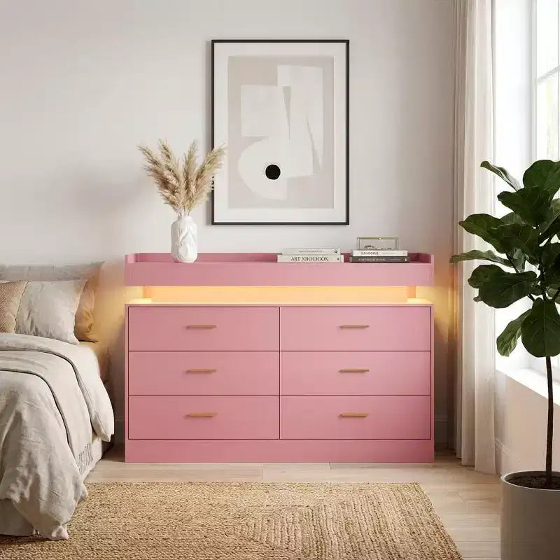 Mueble de TV moderno con 6 cajones y luces LED, barra de café con encimera flotante para centro de entretenimiento de sala de estar