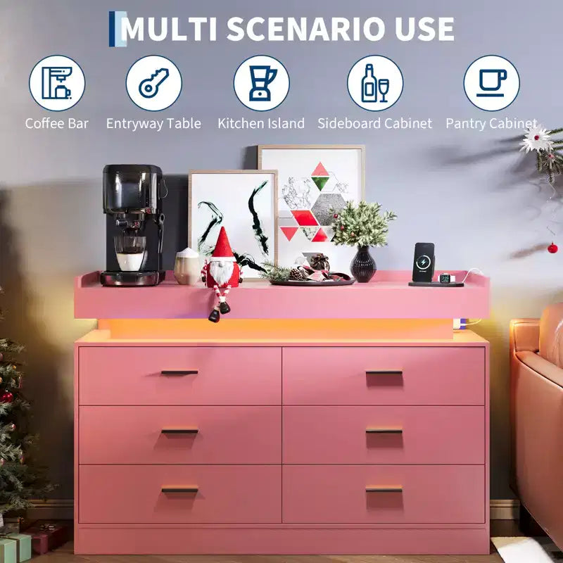 Mueble de TV moderno con 6 cajones y luces LED, barra de café con encimera flotante para centro de entretenimiento de sala de estar