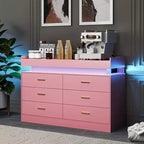 Mueble de TV moderno con 6 cajones y luces LED, barra de café con encimera flotante para centro de entretenimiento de sala de estar
