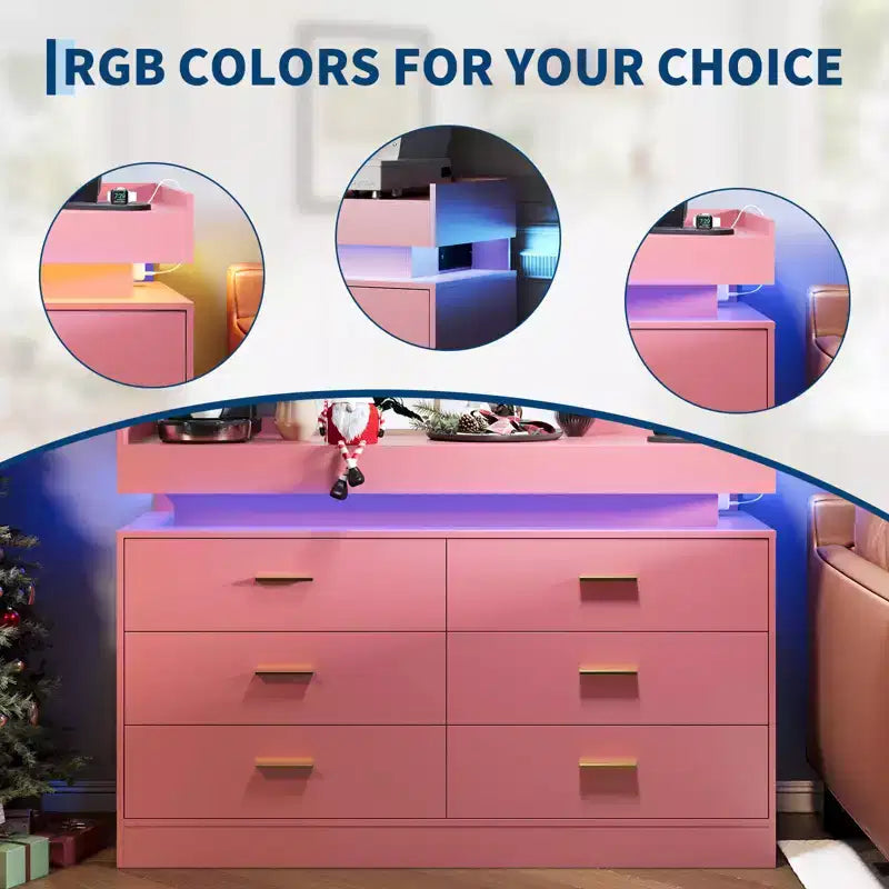 Mueble de TV moderno con 6 cajones y luces LED, barra de café con encimera flotante para centro de entretenimiento de sala de estar