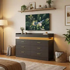 Mueble de TV moderno con 6 cajones y luces LED, barra de café con encimera flotante para centro de entretenimiento de sala de estar