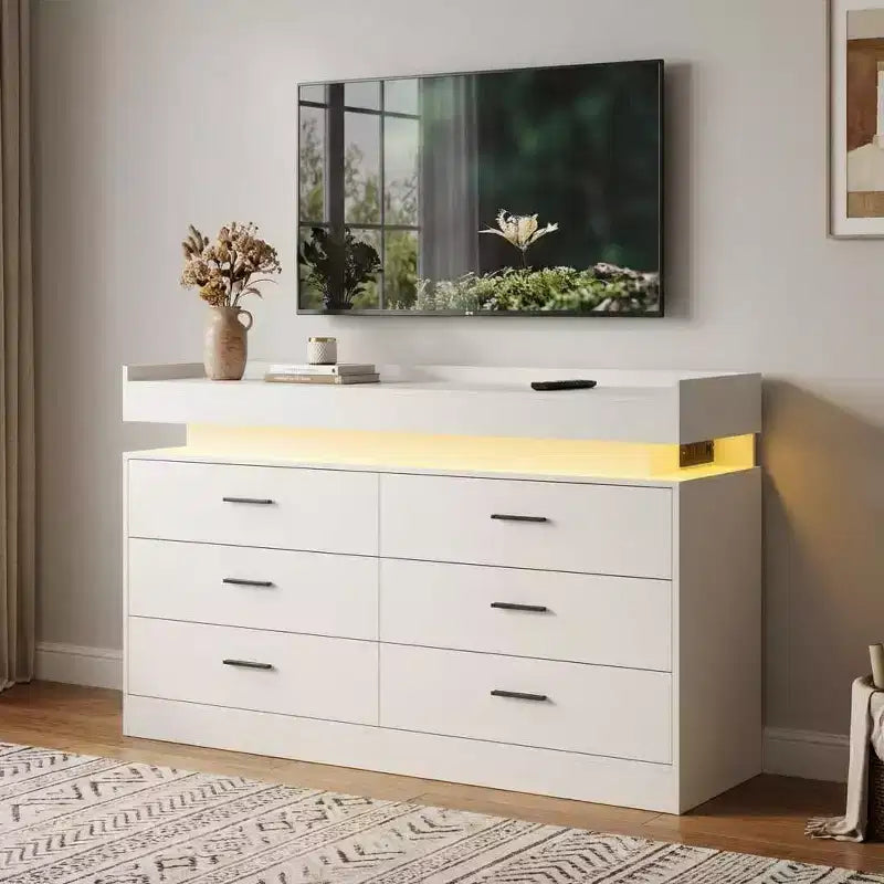 Mueble de TV moderno con 6 cajones y luces LED, barra de café con encimera flotante para centro de entretenimiento de sala de estar