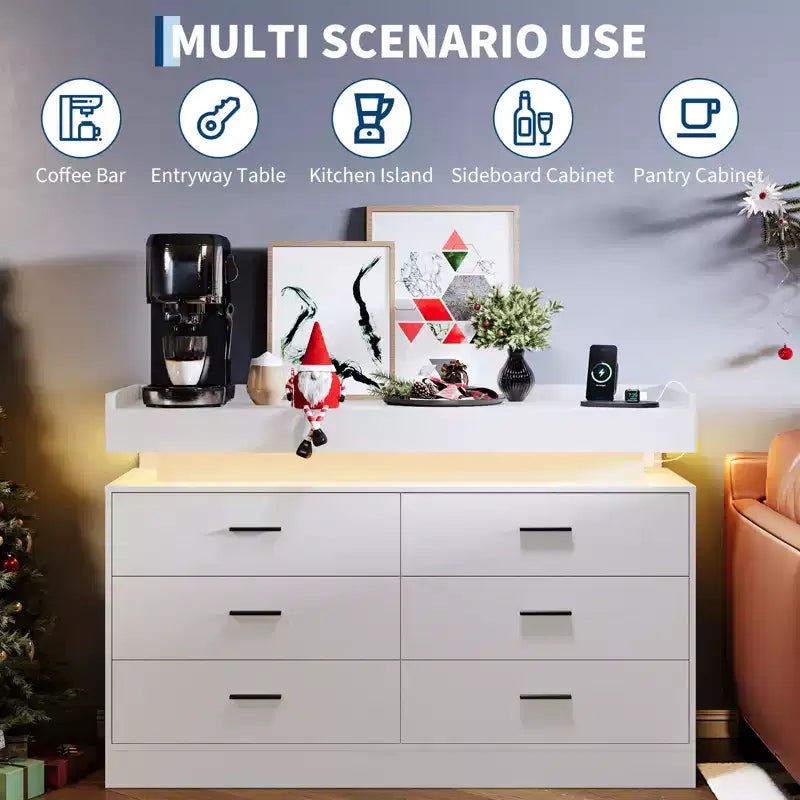 Mueble de TV moderno con 6 cajones y luces LED, barra de café con encimera flotante para centro de entretenimiento de sala de estar