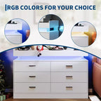 Mueble de TV moderno con 6 cajones y luces LED, barra de café con encimera flotante para centro de entretenimiento de sala de estar