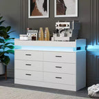 Mueble de TV moderno con 6 cajones y luces LED, barra de café con encimera flotante para centro de entretenimiento de sala de estar