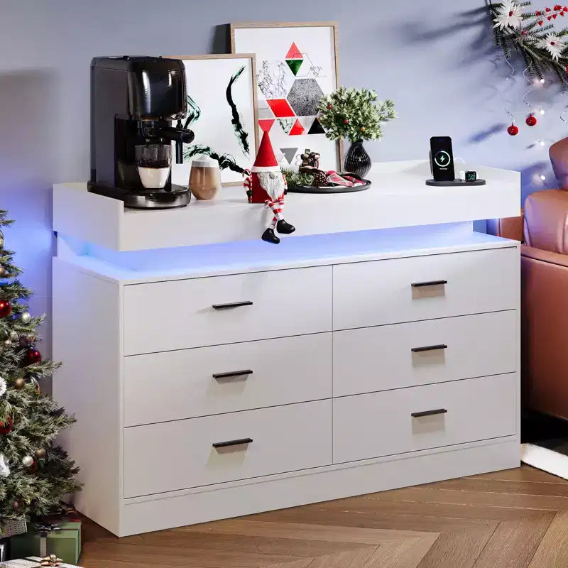 Mueble de TV moderno con 6 cajones y luces LED, barra de café con encimera flotante para centro de entretenimiento de sala de estar